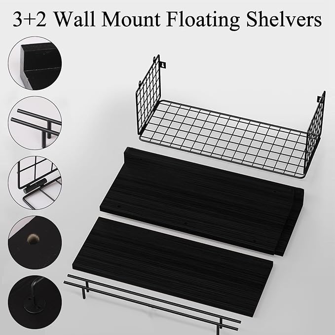Floating Shelves for Wall, Wood Bookcases, Decor for Kitchen| Farmhouse| Bedroom| Laundry Room| Living Room| Bathroom, Hanging Storage - Black