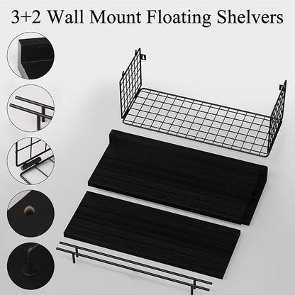 Floating Shelves for Wall, Wood Bookcases, Decor for Kitchen| Farmhouse| Bedroom| Laundry Room| Living Room| Bathroom, Hanging Storage - Black