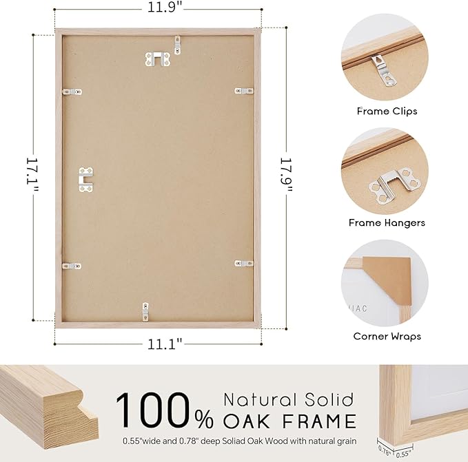 puthiac 11x17 Solid Oak Wood Picture Frame, Fits 8x12 with Mat or 11x17 Without Mat, Wall Display Only, Vertical or Horizontal, Plexi Front, 3 Pack, Natural Oak