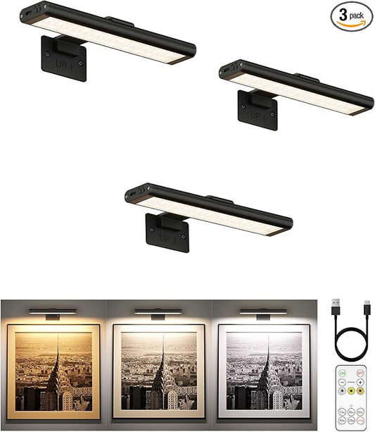 EZVALO Picture Light for Wall, Rechargeable 2400mAh Battery Lights Wireless Remote, 3 Color & Dimmable Magnetic 7.8'' LED Lights Display for Painting, Living Room, Gallery, Bedroom(Black-3P)