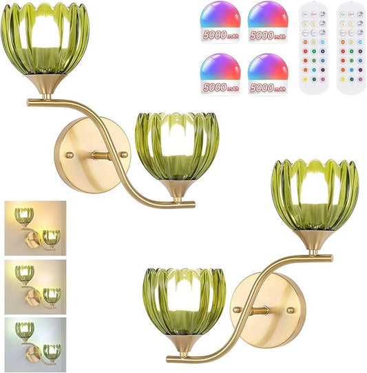 Battery Operated Wall Sconce, 2-Lights Vinatge Brass Wall Lighting with Green Tluip Shade Rechargeable Bulb with Remote for Living Room, Bedroom，Symmetrical 2 Pack