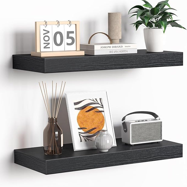 Fun Memories Floating Shelves - 16 Inch Rustic Black Wall Shelf - Wall Mounted Shelves for Wall Decor Storage - Wooden Shelves with Invisible Brackets for Living Room, Bedroom, Kitchen, 2 Pack
