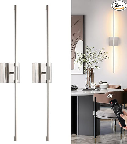 Battery Operated Wall Sconces Set of 2, Dimmable Battery Wall Sconce with Remote Control, Sand-Nickel LED Rechargeable Sconces, 30 Inch Modern Wireless Wall Lights for Bedroom, Living Room