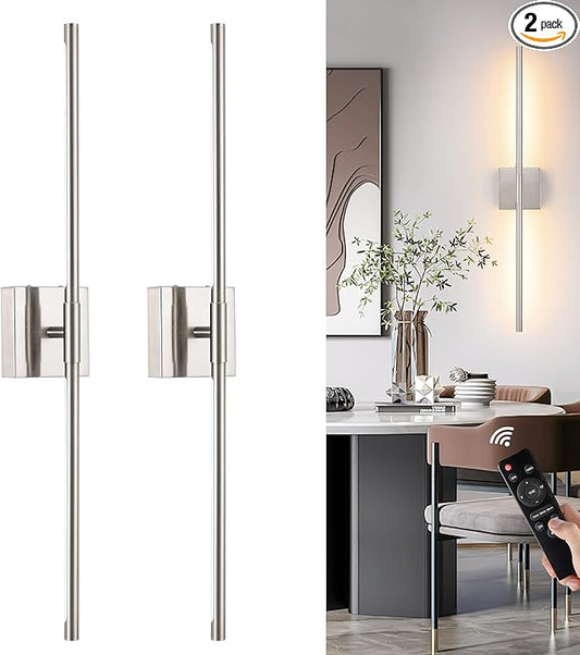 40 Inch Sand-Nickel Battery Operated Wall Sconces Set of Two, Dimmable Wall Sconces with Remote Control, Rechargeable Sconces, LED Wireless Wall Lights for Bedroom, Living Room, Bathroom