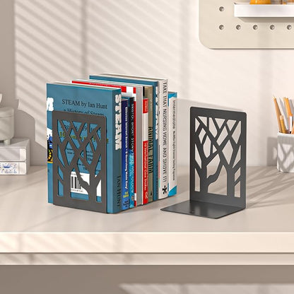 VFINE 2-Piece Modern Metal Bookends for Shelves, Black Tree Book Ends for Books, Decorative Book Organizer for Desk, Non-Skid Shelve Bookends for Home Office