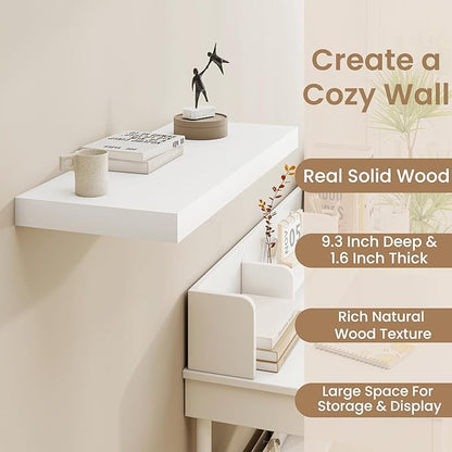 Fun Memories White Floating Shelves for Wall, 30 x 9 Inch Floating Shelf Set of 2, Rustic Natural Wood Wall Shelves, 9" Deep White Bathroom Shelves for Storage & Display