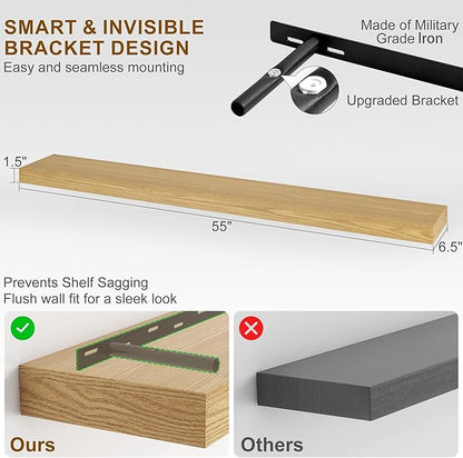 Fun Memories 55 Inch Fireplace Mantel - Long Floating Shelf, Wall Mounted Farmhouse Display with Invisible Heavy Duty Metal Bracket, Oak