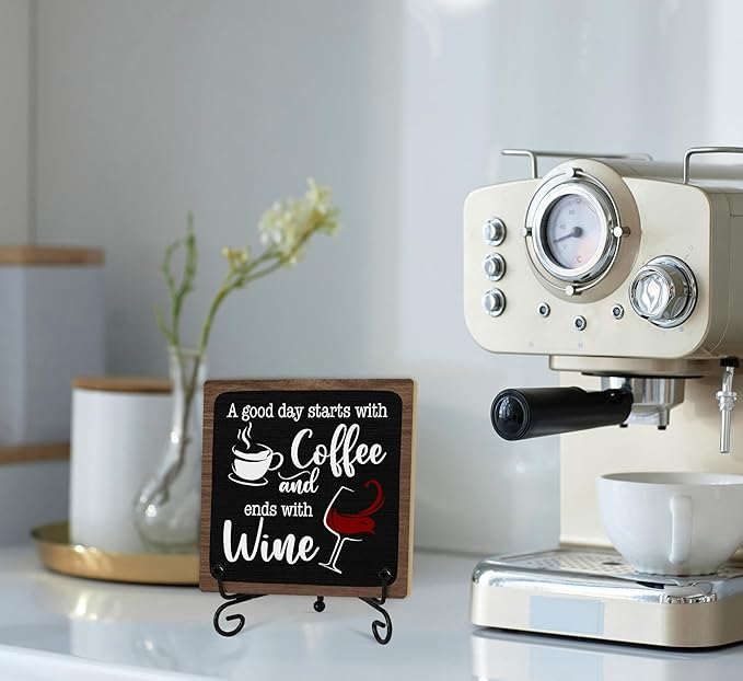 Coffee And Wine Desk Decor Sign, Rustic Wooden Sign With Stand, A Good Day Starts With Coffee And Ends With Wine Sign For Farmhouse Home Kitchen Bar Shelf Table, Gifts For Family Friend Coworker-06