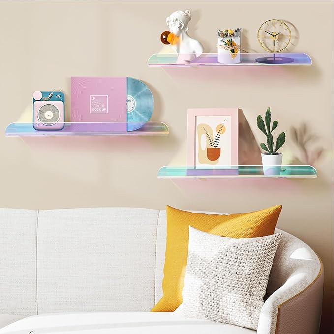 15 Inch Acrylic Floating Shelves for Wall Decor, 3 Pack Iridescent Acrylic Shelves for Bedroom Kitchen Office Nursery, Stylish Wall Mounted Vinyl Record Holder, Magazine Rack, Picture Ledge