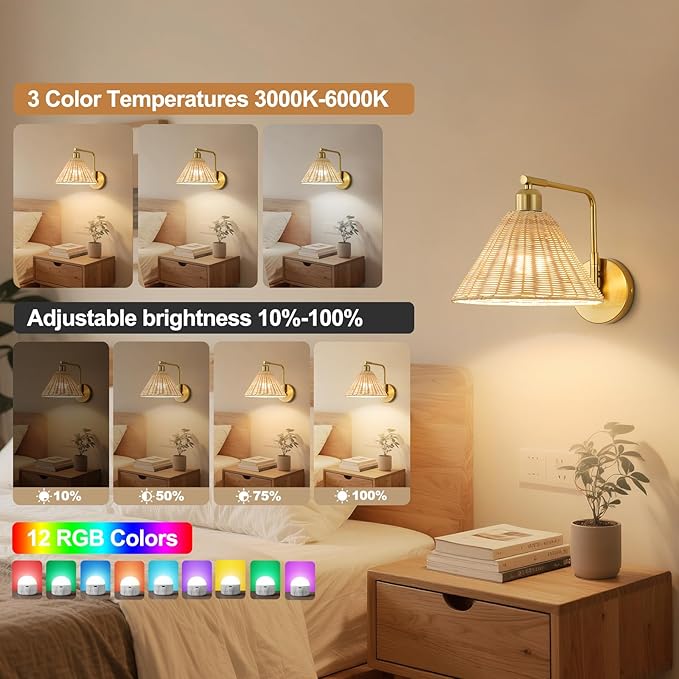 Rattan Rechargeable Wall Sconce Set of 2, Gold Battery Operated Wall Lights with Remote, Hand Woven Boho Sconces Swing Arm Wireless Wall Lamp for Bedroom, Living Room, Hallway Decor