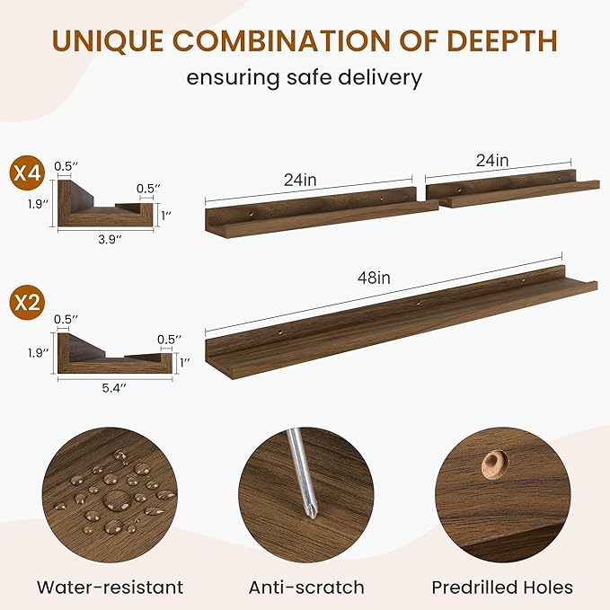 Axeman Picture Ledge Shelf, Floating Shelves for Wall Decor Storage Set of 6, 48 inch Floating Wall Mounted Shelves, Shelves with Lip for Living Room, Bedroom, Nursery, Bathroom, Kitchen, Walnut