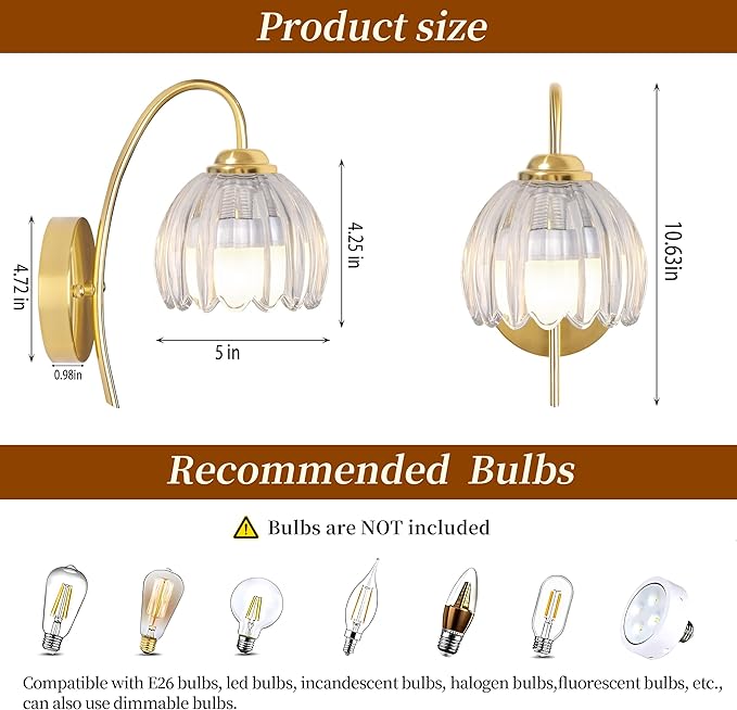 Vintage Battery Wall Sconce with Flower lampshade,Rechargeable Battery Powered Wall Lights,Wall lamp with 15 Colors for Bedroom Living Room Home Decor (Clear Tulip, 2 Light Battery Operated)