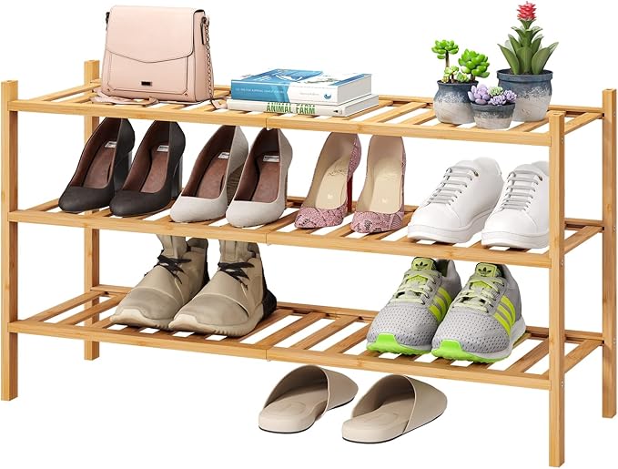3-Tier Long Shoe Rack, Bamboo Wood Shoe Rack for Closet, Entryway & Hallway, Stackable | Beautiful | Functional | Sturdy