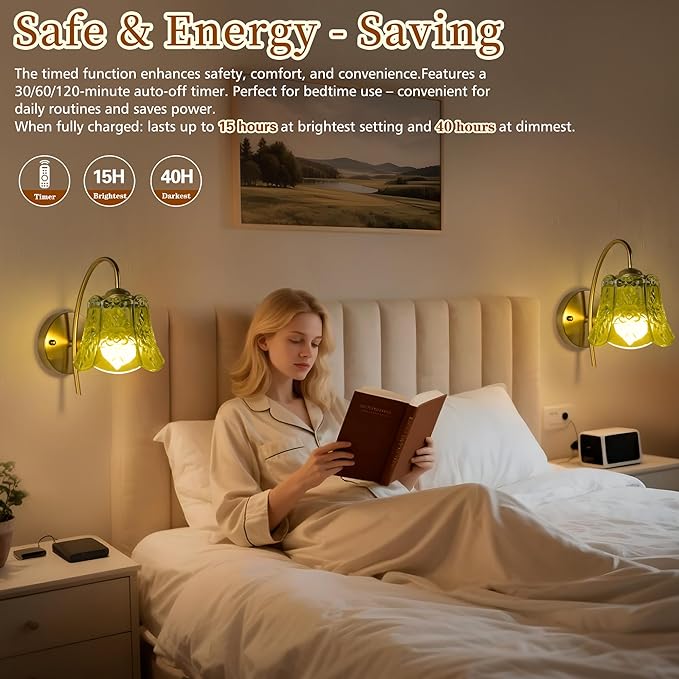 Vintage Battery Wall Sconce with Flower lampshade,Rechargeable Battery Powered Wall Lights,Wall lamp with 15 Colors for Bedroom Living Room Home Decor (Green Rose, 2 Light Battery Operated)