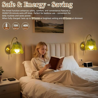 Vintage Battery Wall Sconce with Flower lampshade,Rechargeable Battery Powered Wall Lights,Wall lamp with 15 Colors for Bedroom Living Room Home Decor (Green Rose, 2 Light Battery Operated)