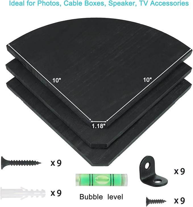 10 inch Corner Shelf, Set of 2 Solid Wood Corner Floating Shelves for Wall, Round End Wall Mounted Floating Shelf for Bedroom, Living Room and Kitchen (Black-10 inch)