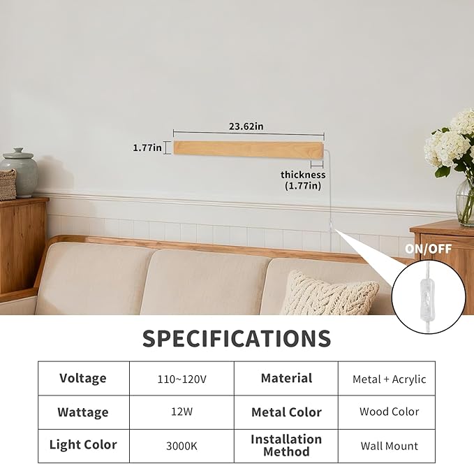 Modern Plug in Wall Sconces, 23.6 inch Faux Wood Texture Finish LED Long Wall Lights, 12W Warm White 3000K Acrylic Indoor Wall lamp,with 59