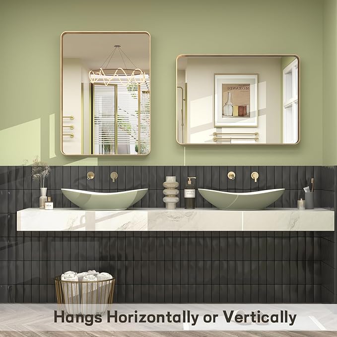 30x36 Gold Framed Bathroom Mirror, Brushed Gold Metal Vanity Mirror, Gold Rectangle Mirror for Wall, Rounded Corner, Tempered Glass, Anti-Rust, Shatterproof, Hangs Horizontally or Vertically