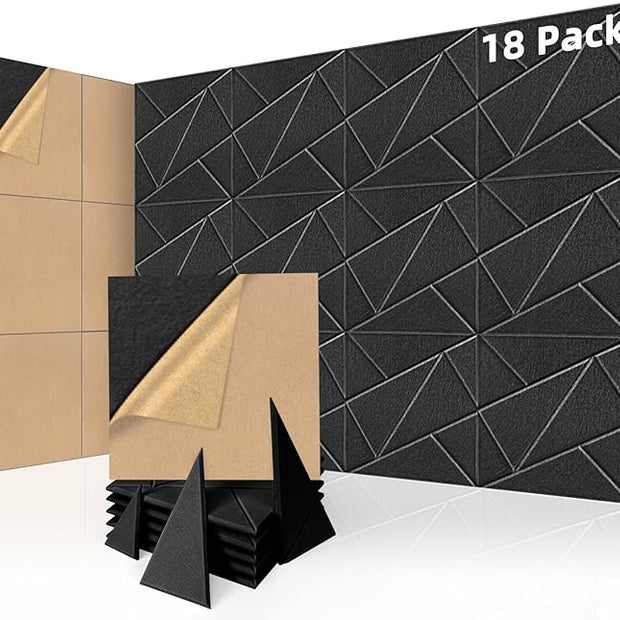 Art3dwallpanels 18 Pack Acoustic Panels 12" X 12" Soundproof Wall Panels Sound Dampening, 3D Self Adhesive Wall Decor Peel and Stick Absorbing Panels, Black