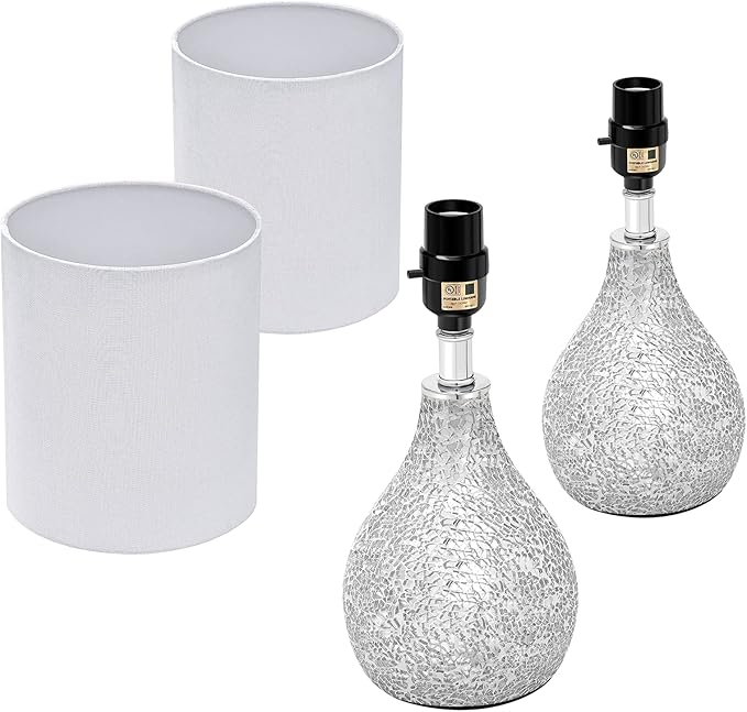 Modern Table Lamps Set of 2, Mirror Silver Gourd Design Mosaic Tiled Glass 17.5