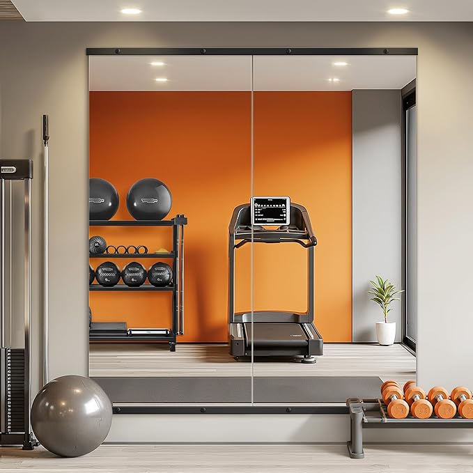 Home Gym Mirror for Wall,56x28x2PCS Full Length,Glass Frameless Body Large Mirror for Home Gym,Workout,Bedroom,Garage(Black)