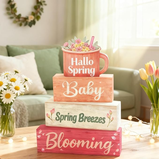 Spring Decoration Wooden Tiered Tray Decor – Sweet Spring Mug Stacked Block Sign with Floral Cup Topper – Farmhouse Tabletop Spring Decor for Living Room Shelf Seasonal Home Display