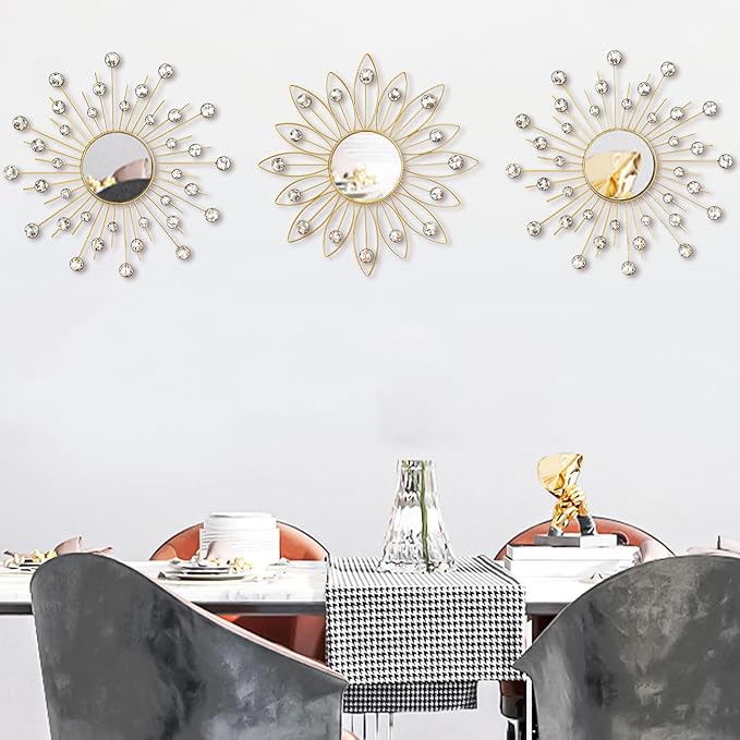 Uaussi 3 Pack Crystal Sunburst Wall Mirror Décor Rhinestone Mirrors Decorative Home Wall Art for Living Room Bedroom Entryway(Flower+Sunburst Gold)