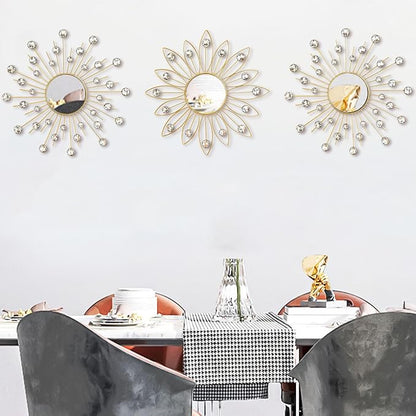 Uaussi 3 Pack Crystal Sunburst Wall Mirror Décor Rhinestone Mirrors Decorative Home Wall Art for Living Room Bedroom Entryway(Flower+Sunburst Gold)