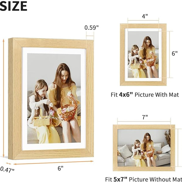 ATOBART 5x7 Picture Frame Set of 4, Displays 4x6 with Mat or 5x7 Without Mat, Photo Frames for Wall Hanging or Tabletop, Includes HD Plexiglass, Natural Wood Grain