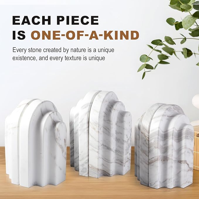 Natural Marble Book Ends - Heavy Duty Bookends for Shelves - Aesthetic Layered Arch Design Stone Book Holders, Modern Office Bookshelf Stopper Decor for Books/CDs (Volakas)