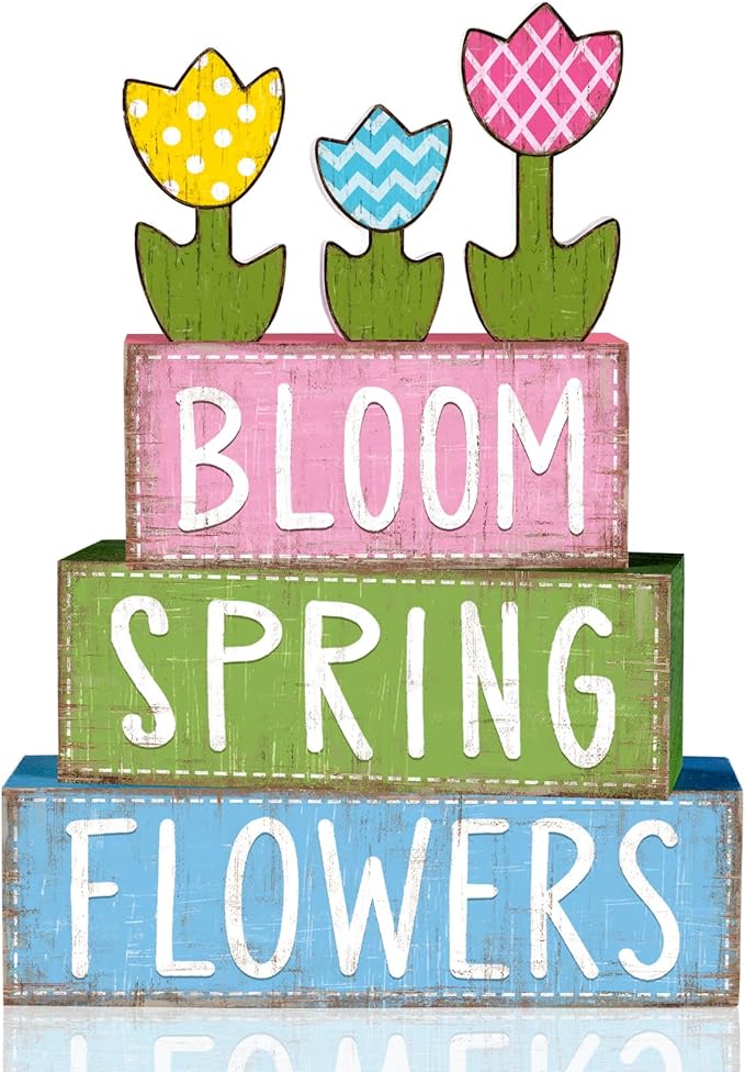 DIYDEC 6Pcs Spring Tabletop Decorations Colorful Tulip Wooden Block Signs Rustic Pastel Flower Tiered Tray Decor Spring Centerpiece Farmhouse Wood Tulip Table Sign for Kitchen Home Office Party Decor