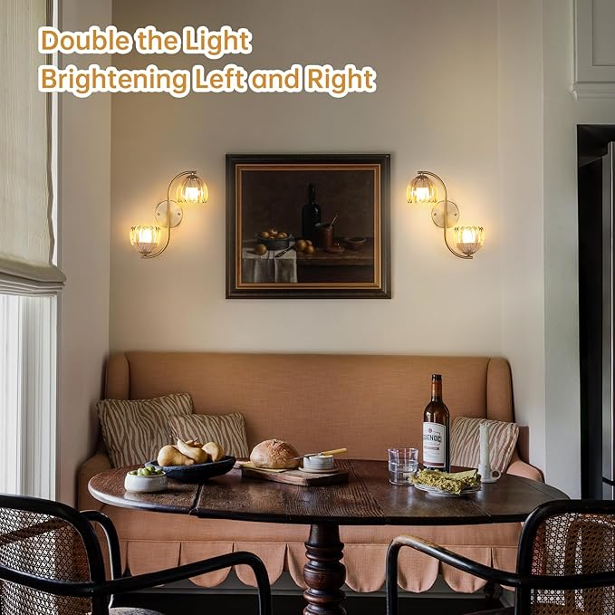 Battery Operated Wall Sconce, 2-Lights Vinatge Brass Wall Lighting Up and Down with Amber Tulip Shade for Living Room, Bedroom, Symmetrical 2 Pack