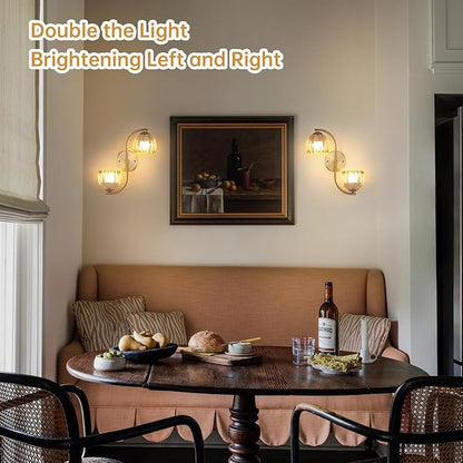 Battery Operated Wall Sconce, 2-Lights Vinatge Brass Wall Lighting Up and Down with Amber Tulip Shade for Living Room, Bedroom, Symmetrical 2 Pack