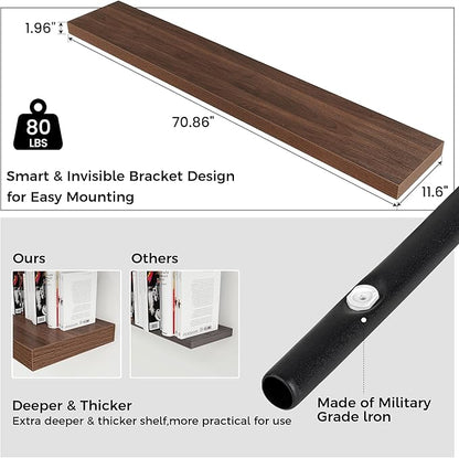 Floating Shelves for Wall 72"W x 11.6"D x 2"H, Long Engineered Wood Wall Shelves with Invisible Brackets for Living Room Bedroom Bathroom Office Kitchen Decor and Storage, Walnut Finish, Set of 1