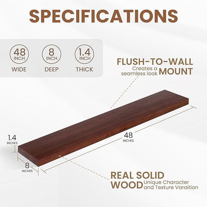 Fun Memories Rustic Real Wood Floating Shelves, 8 Inch Deep Floating Shelf Wall Mounted, 48" W x 8" D Wall Shelves Storage Shelves for Living Room, Bedroom, Bathroom, Red Brown, Set of 1