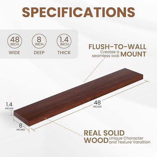 Fun Memories Rustic Real Wood Floating Shelves, 8 Inch Deep Floating Shelf Wall Mounted, 48" W x 8" D Wall Shelves Storage Shelves for Living Room, Bedroom, Bathroom, Red Brown, Set of 1