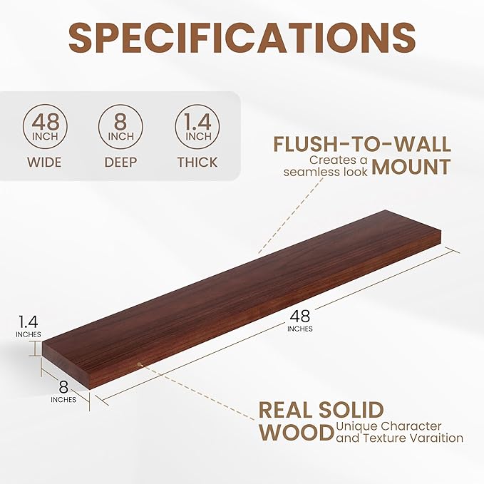 Fun Memories Rustic Real Wood Floating Shelves, 8 Inch Deep Floating Shelf Wall Mounted, 48