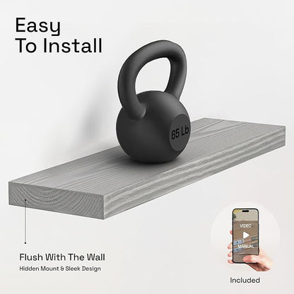 BAOBAB WORKSHOP Wood Floating Shelves for Wall - Rustic Shelf 24 inch - Grey Bathroom Shelves - Solid Wood Shelves for Wall for Bedroom Kitchen Living Room - Gray Finish - 24 x 6.7 Inch, Set of 2