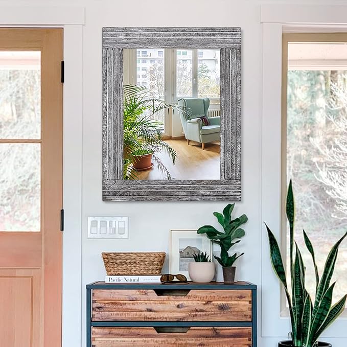 Wall Mirror Rustic Wooden Frame Rectangle Mirror Vintage Hanging Mirror for Bedroom Bathroom Living Room Farmhouse Wall Decor Large 26