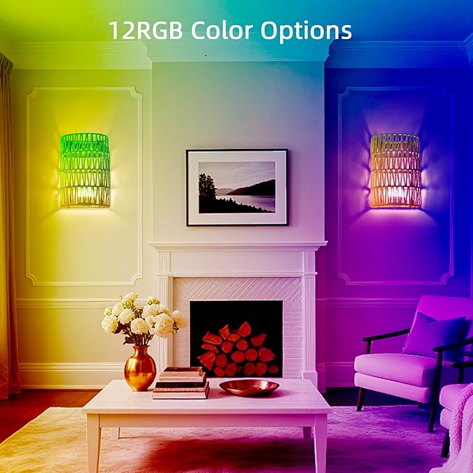 Battery Operated Wall Sconce Set of Two, Rattan Rechargeable Wall Sconces Set of 2, Boho Battery Wall Lights with Remote, Wall lamp for Bedroom,Living Room, Entryway 15 Colors Dimmable