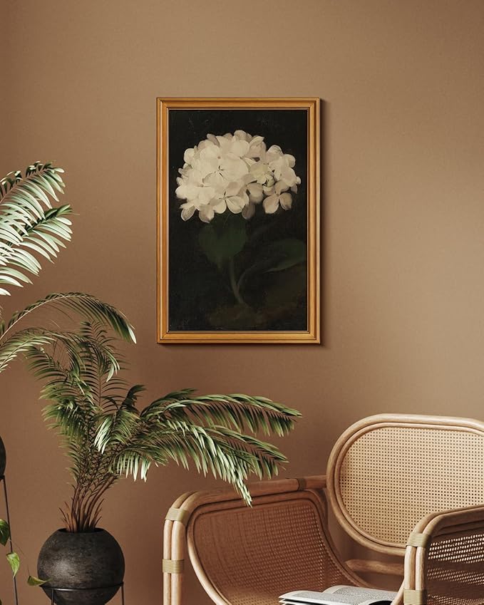 HUARCEY Gold Framed Vintage Wall Art for Living Room, Flowers Painting Canvas Prints Shelf Decor for Kitchen, Aesthetic Bedroom Wall Art, Christmas Gifts for Friends Family (White Hydrangea 16