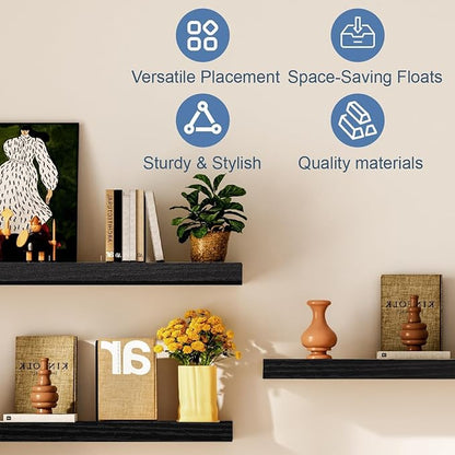 Floating Shelves for Wall, Bathroom Shelves Over Toilet, Wall Shelves & Book Shelf for Room, Hanging Shelf, Modern Wooden Wall-Mounted Small Floating Shelves, 12x7x1.5 in (Black, Set of 3)