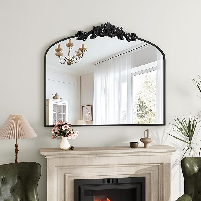 Vintage Wall Mirror, 30"x36" Arched Mirror for Vanity, Antique Decorative Mirrors with Carved Metal Frame for Bedroom, Living Room, Entryway, Fireplace, Hallway, Black