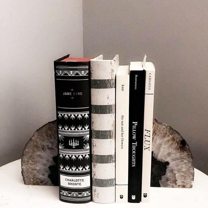 JIC Gem Black Agate Bookend(s) geode bookends Large Book Ends for Shelves 1 Pair 6 to 8 Lbs Book Ends to Hold Books Heavy Duty from Brazilian with Rubber Bumpers for Office and Home Decoration
