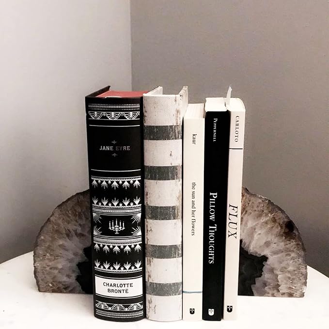 JIC Gem Geode Bookends Large Black Crystal Bookends Decorative Heavy Duty Agate Book Ends for Shelves 1 Pair 4 to 6 LBS with Rubber Bumpers