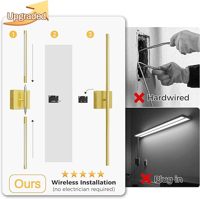 L LOHAS LED Battery Operated Wall Sconces Set of 2, Battery Wall Sconce 10000mAh, Gold Rechargeable Sconces 3CCT, 28.1 Inch Wireless Wall Lights, Sconce Wall Decor for Bedroom, Living Room