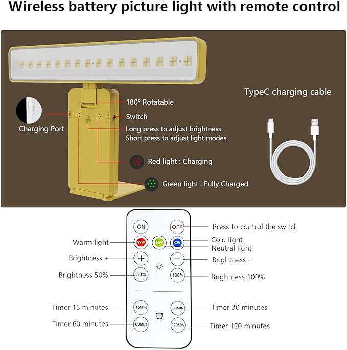 Battery Operated Picture Light, Wireless Painting Light with 3 Lighting Modes,Remote and Dimmable Timer Art Display Light for Picture Artworking Frame Portrait, Wall Decor Puck Lights