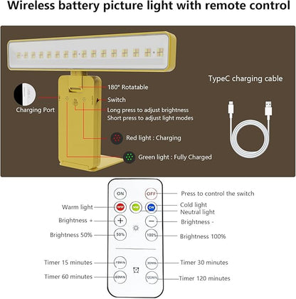 2Pack Battery Operated Picture Light, Wireless Painting Light with 3 Lighting Modes,Remote and Dimmable Timer Art Display Light for Picture Artworking Frame Portrait, Wall Decor Puck Lights