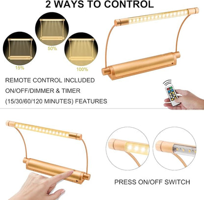 LUXSWAY Cordless Painting Light,Battery Operated Picture Light with 9 Inch Light Tube,Art Lights for Painting,Remote Control Timer Auto Off,Dimmable Accent Lighting Picture Artwork-Gold