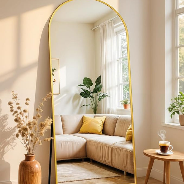 Full Length Mirror with Stand, 64"x21" Arched Full Body Mirror, Large Stand Up Aluminum Frame Floor Freestanding Hanging Leaning Mounted for Bedroom Living Room Entryway Gold